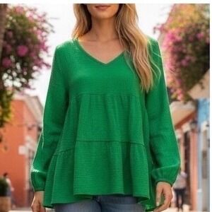 BIBI Blouse Tiered Gauze Babydoll V-Neck Long Sleeve Peplum Green Women Small
